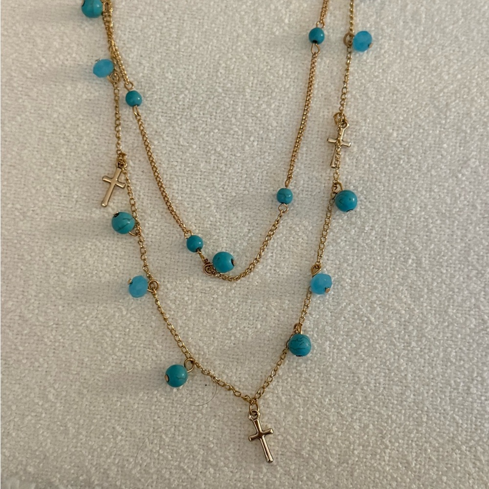 Gold Layered Cross Necklace with Turquoise Beads
